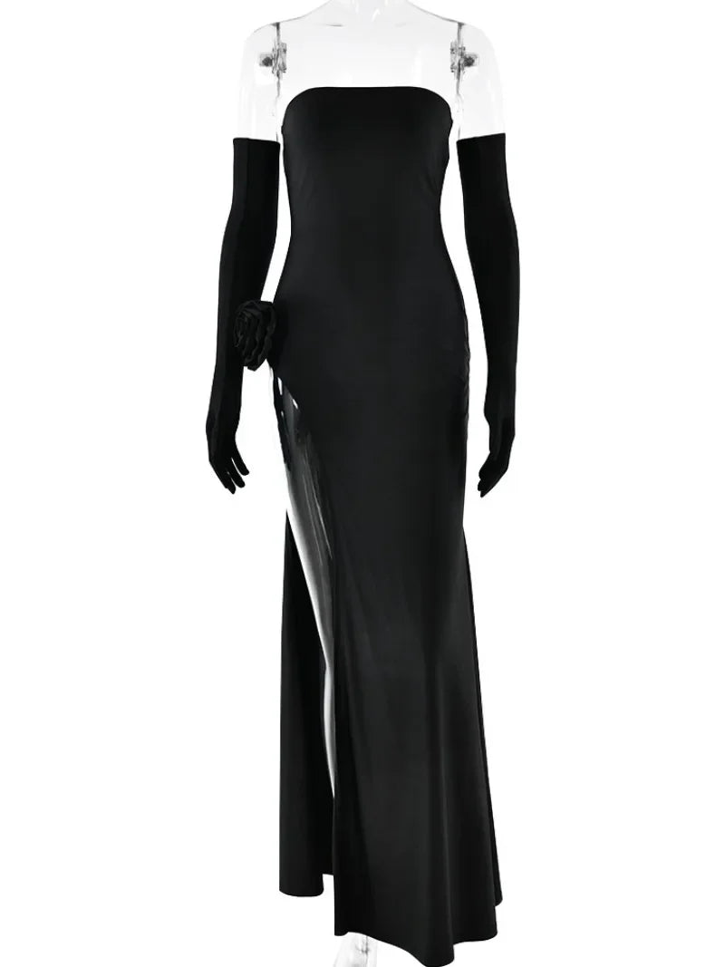 Red Strapless High Slit Christmas Maxi Dress