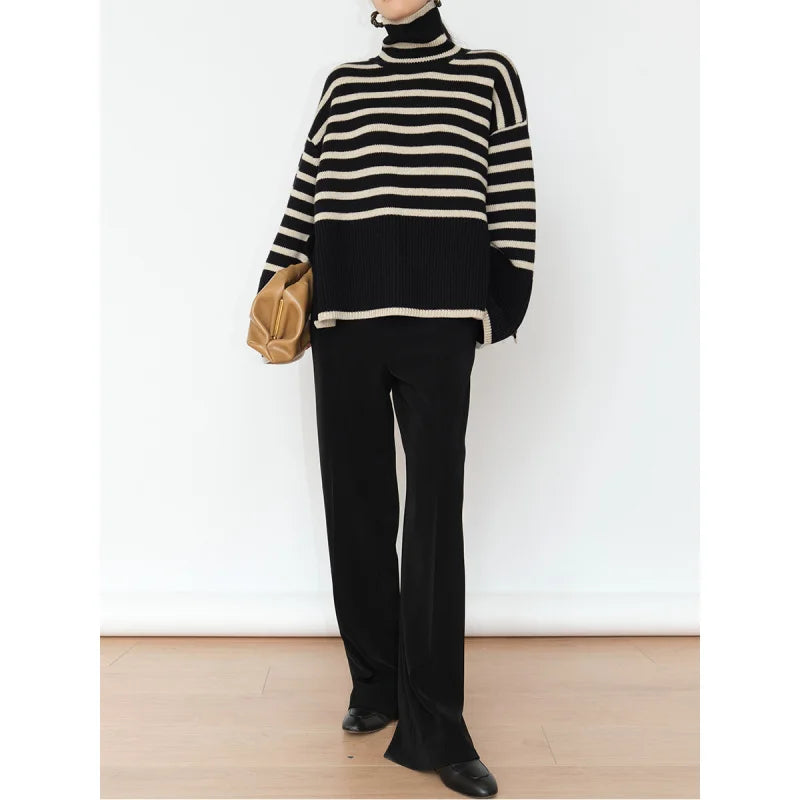 Striped Loose Turtleneck Knit Sweater
