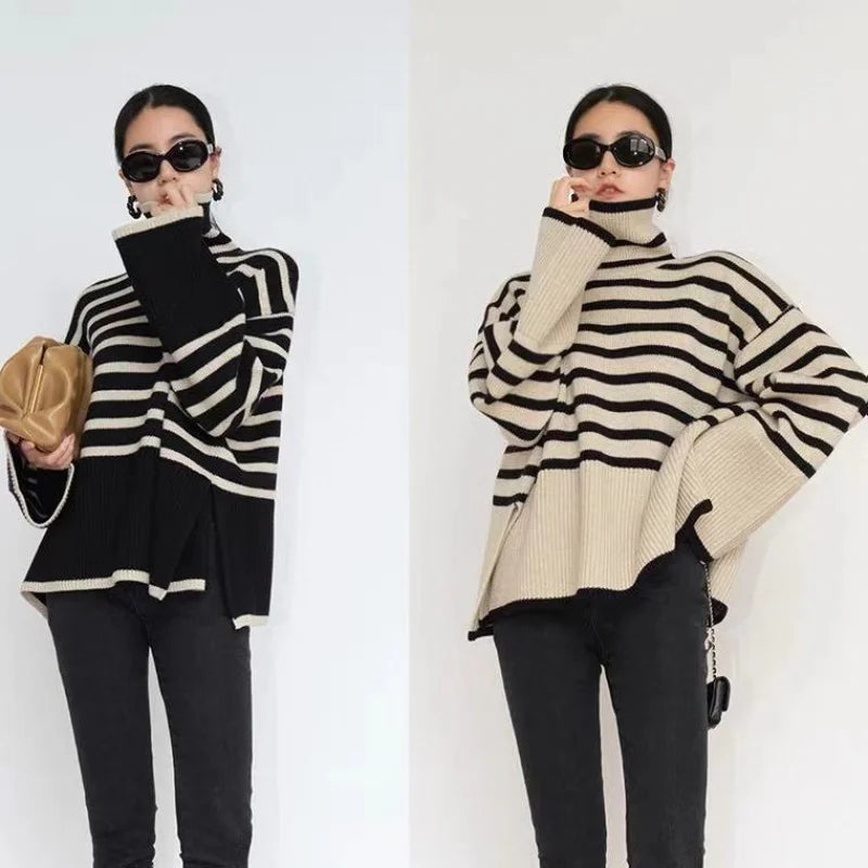 Striped Loose Turtleneck Knit Sweater