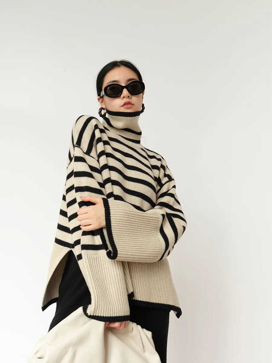 Striped Loose Turtleneck Knit Sweater
