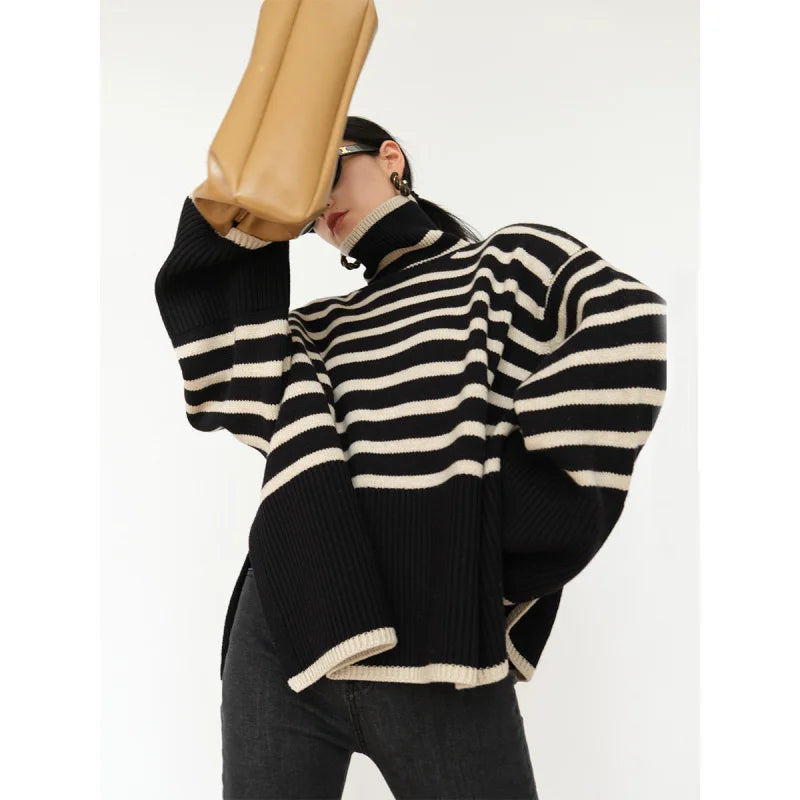 Striped Loose Turtleneck Knit Sweater