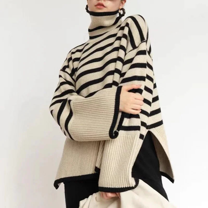 Striped Loose Turtleneck Knit Sweater