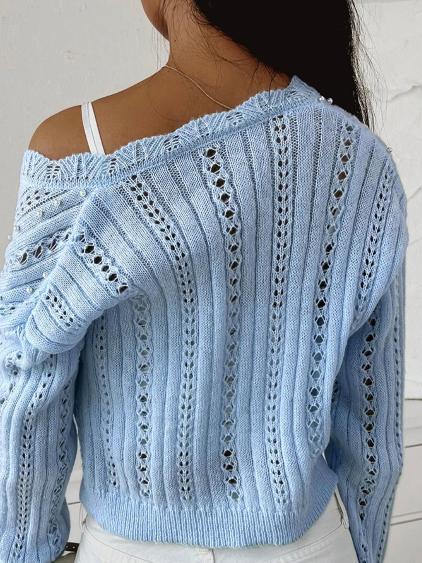 Pearl Detail Stretch Knit Sweater
