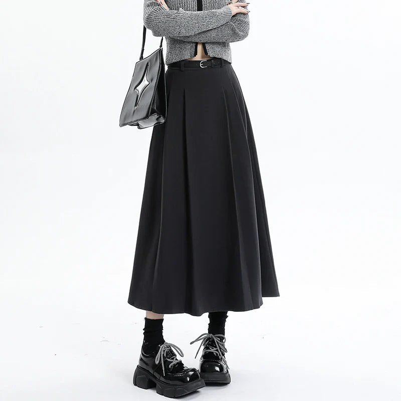 Woolen Pleated Elegant High Waist Long Skirt