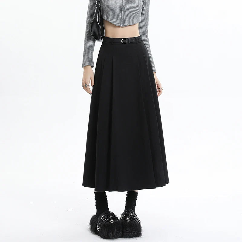 Woolen Pleated Elegant High Waist Long Skirt
