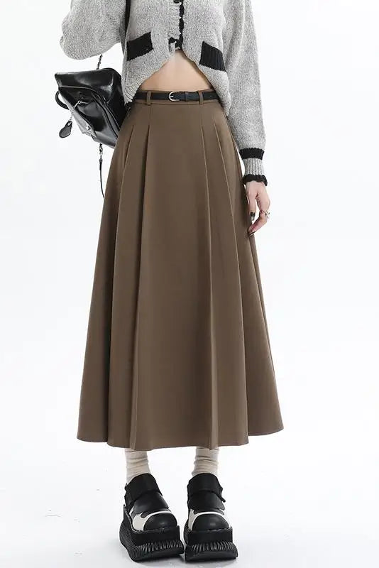 Woolen Pleated Elegant High Waist Long Skirt