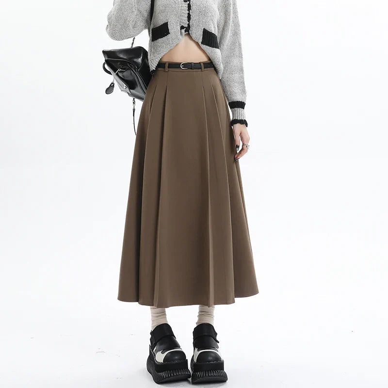 Woolen Pleated Elegant High Waist Long Skirt