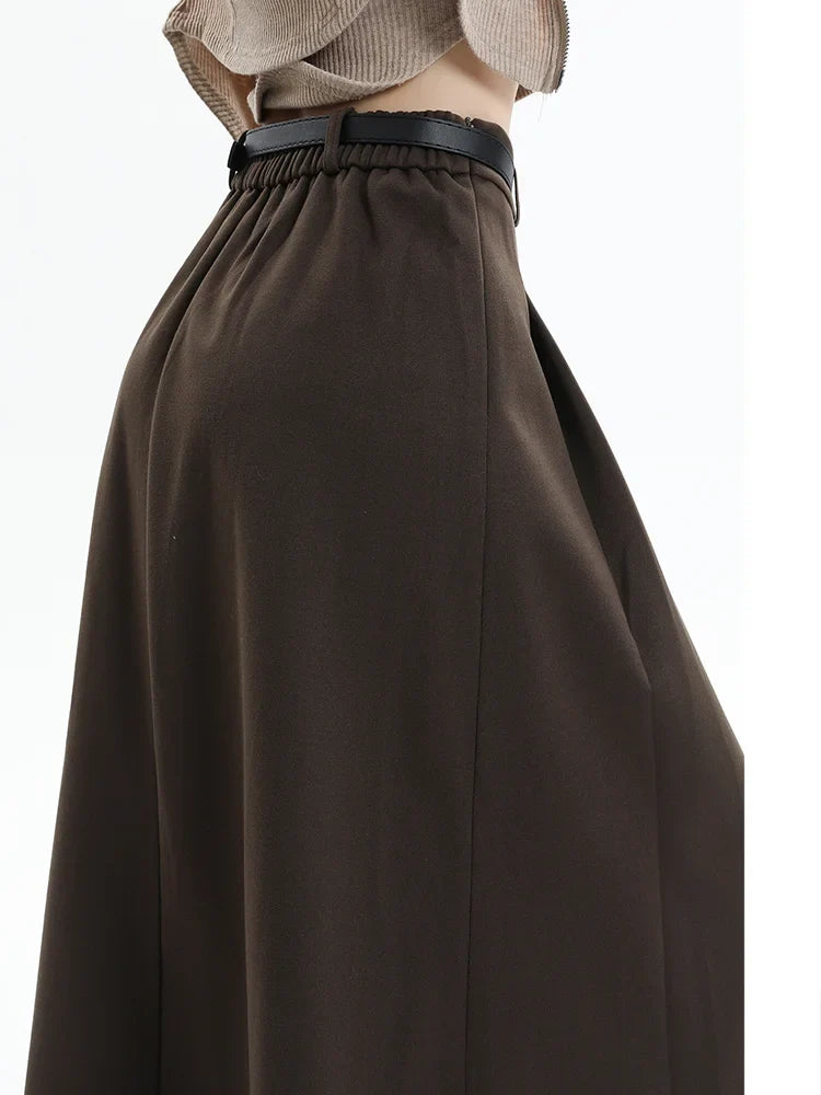 Woolen Pleated Elegant High Waist Long Skirt