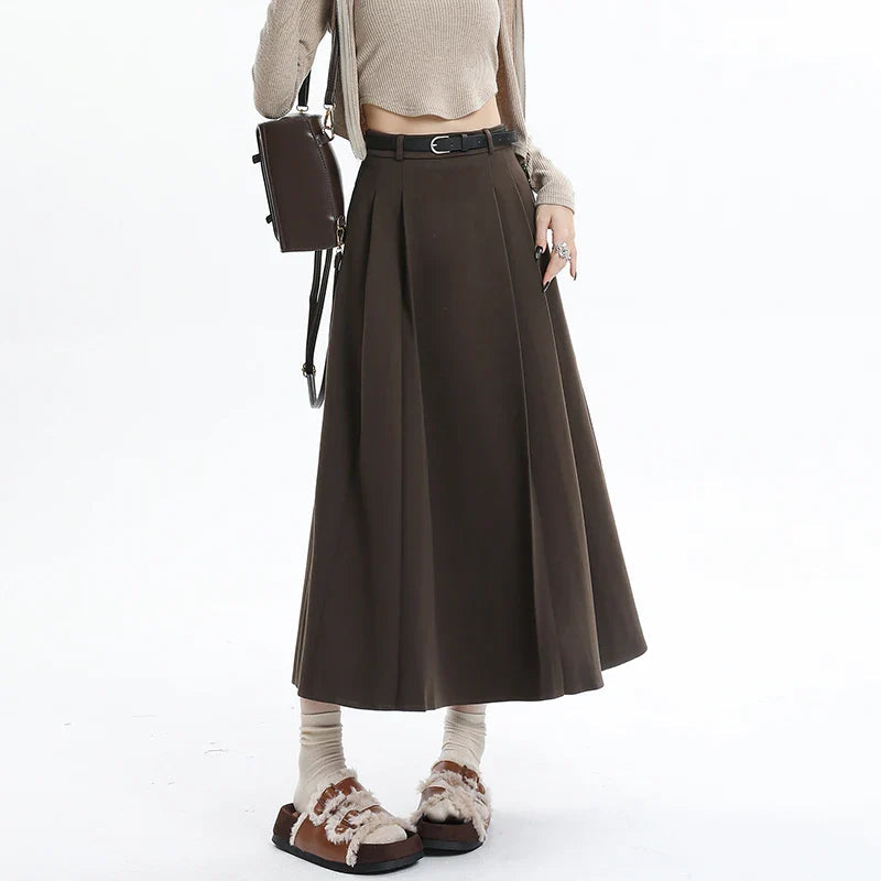 Woolen Pleated Elegant High Waist Long Skirt
