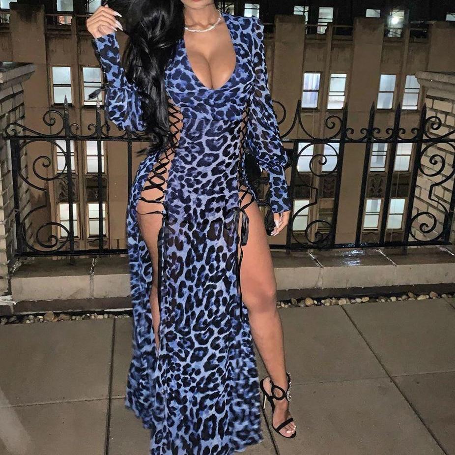 Leopard Bandage Split Long Sleeve Maxi Dress