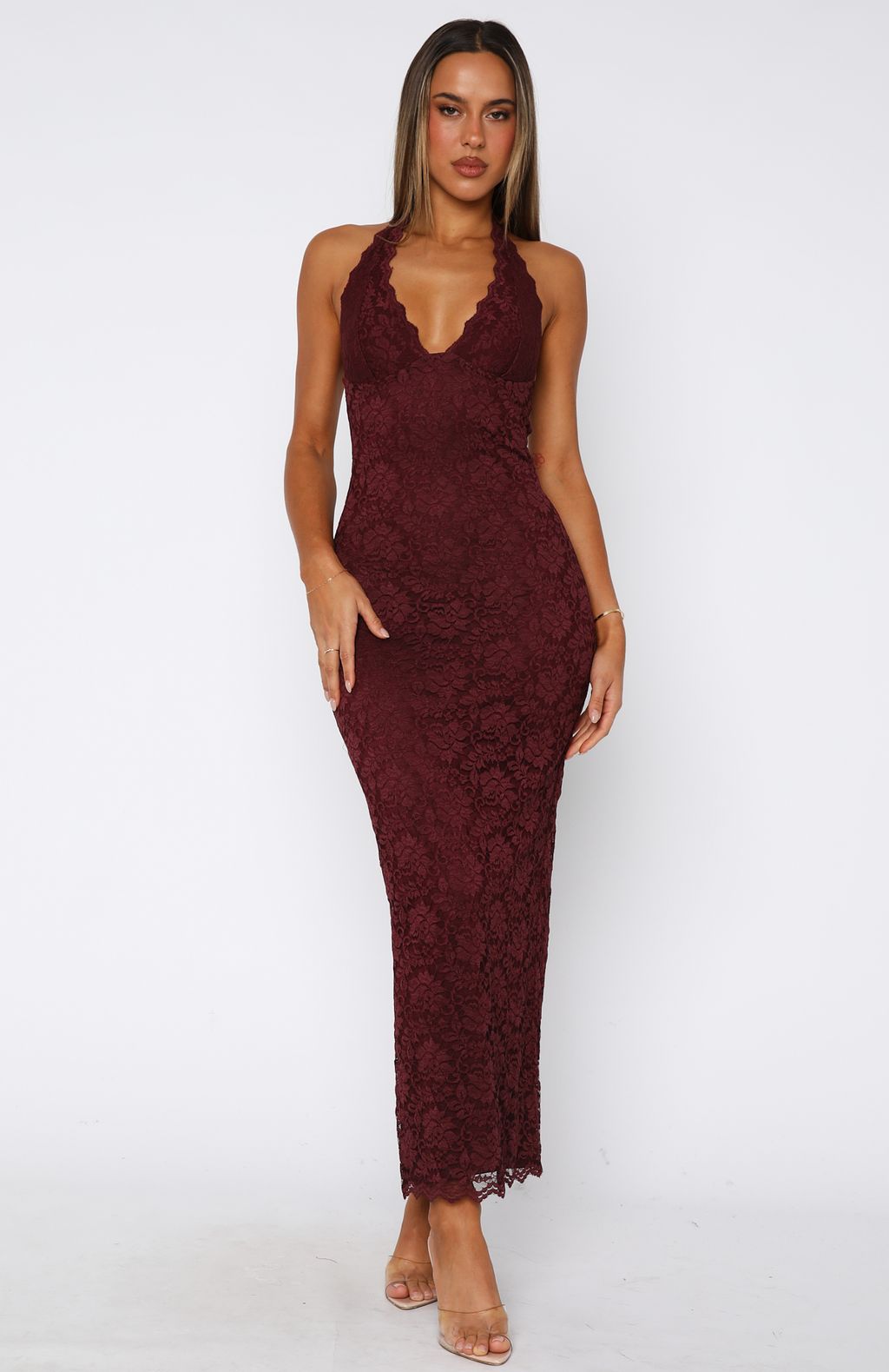 Burgundy Destiny Lace Classic Maxi Dress