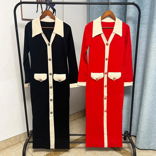 Knitted Turn-down Collar Red Black Party Dress