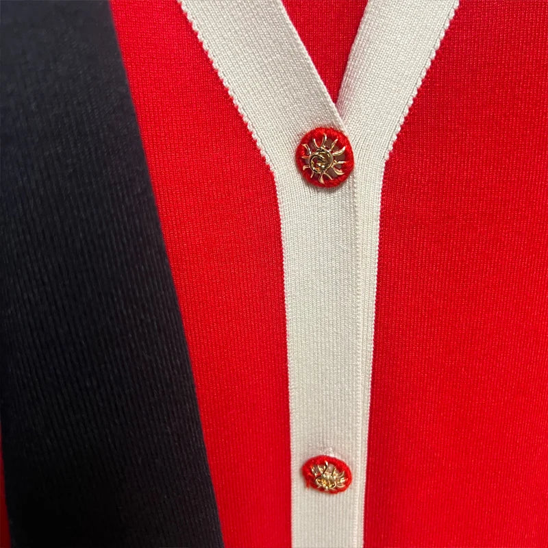 Knitted Turn-down Collar Red Black Party Dress