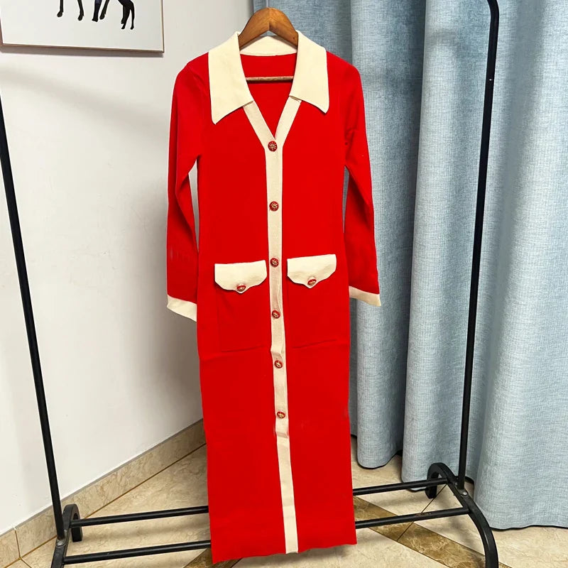 Knitted Turn-down Collar Red Black Party Dress