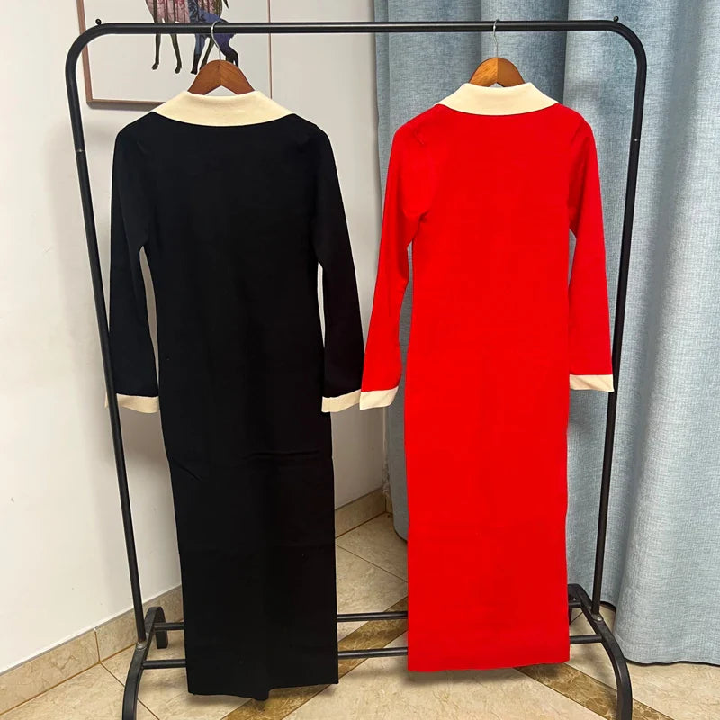 Knitted Turn-down Collar Red Black Party Dress