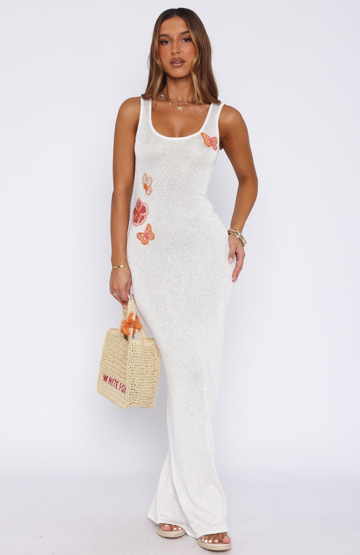 White Butterfly Blossom Sequin Knit Maxi Dress