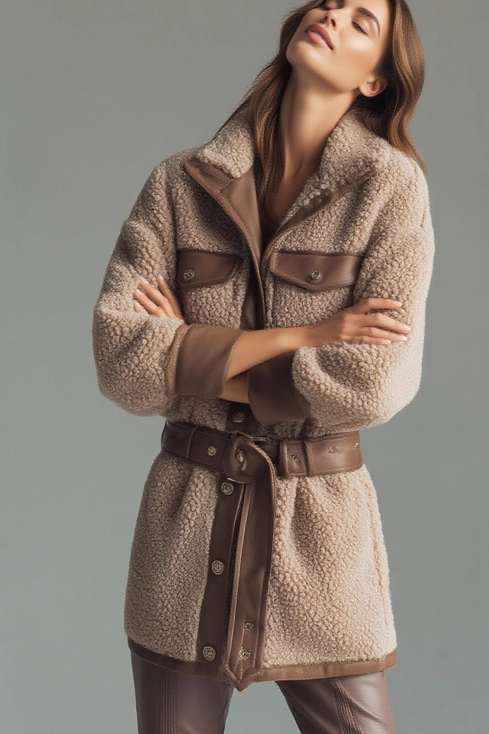 Retro Fleece Paneled Pocket Belted Coat