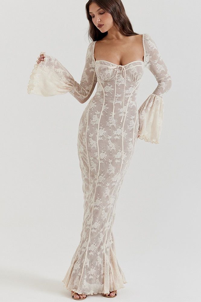 Lace Bodycon Flare Sleeve Maxi Dress