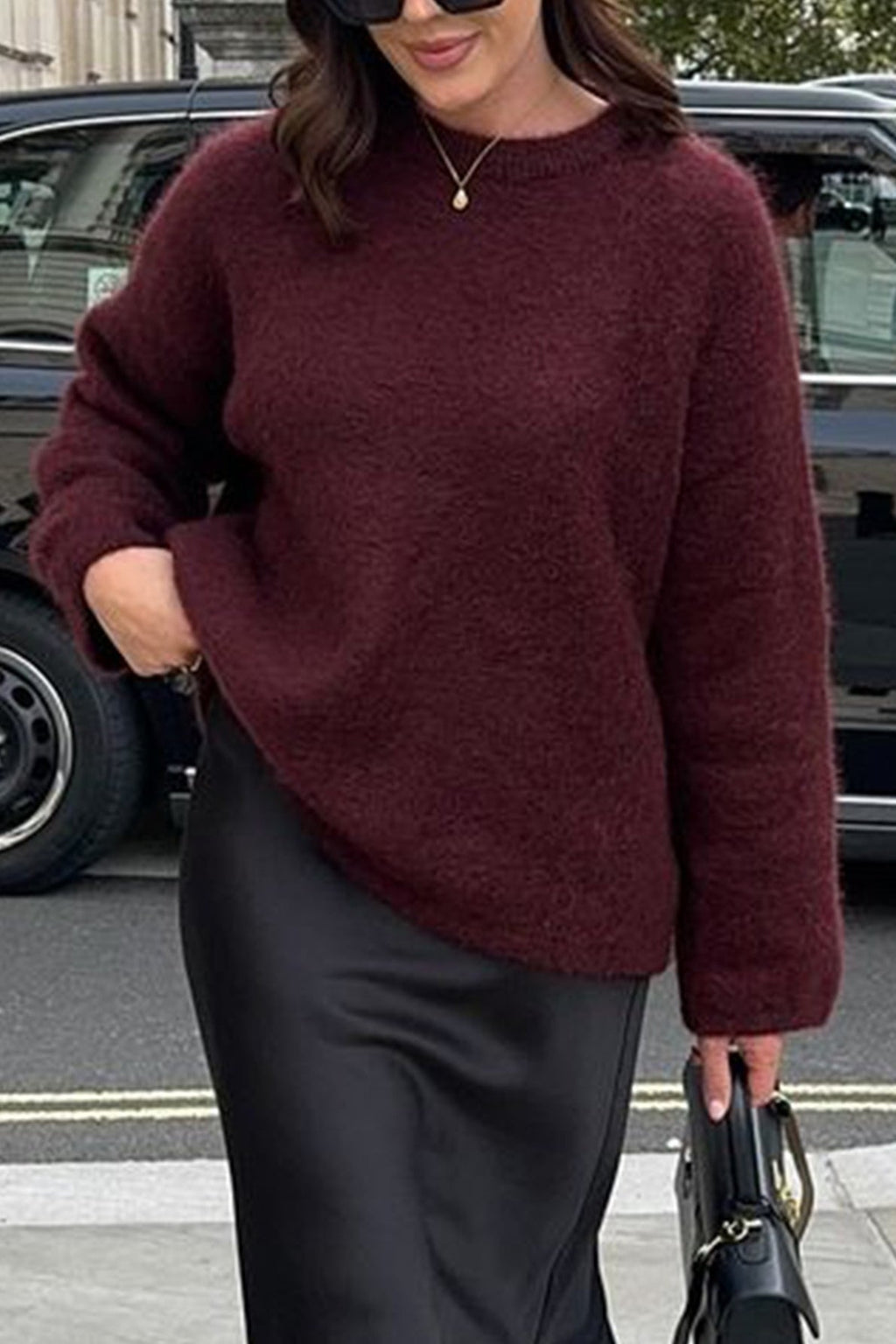 Plain Ribbed Long Sleeve Knit Sweater