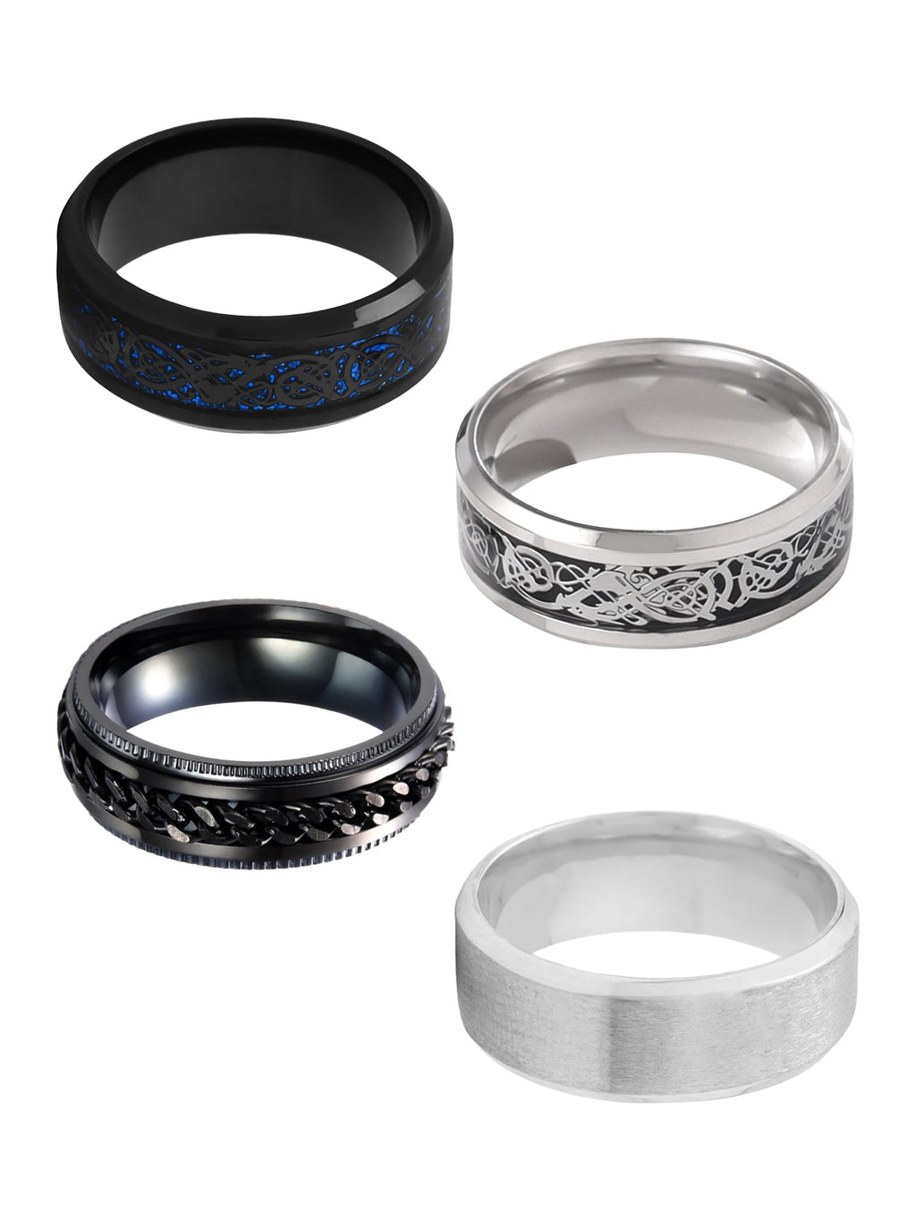 Silver Black Band Four Piece Durable Ring
