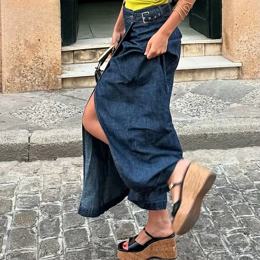 Vintage Loose Denim Long Skirt with Sashes