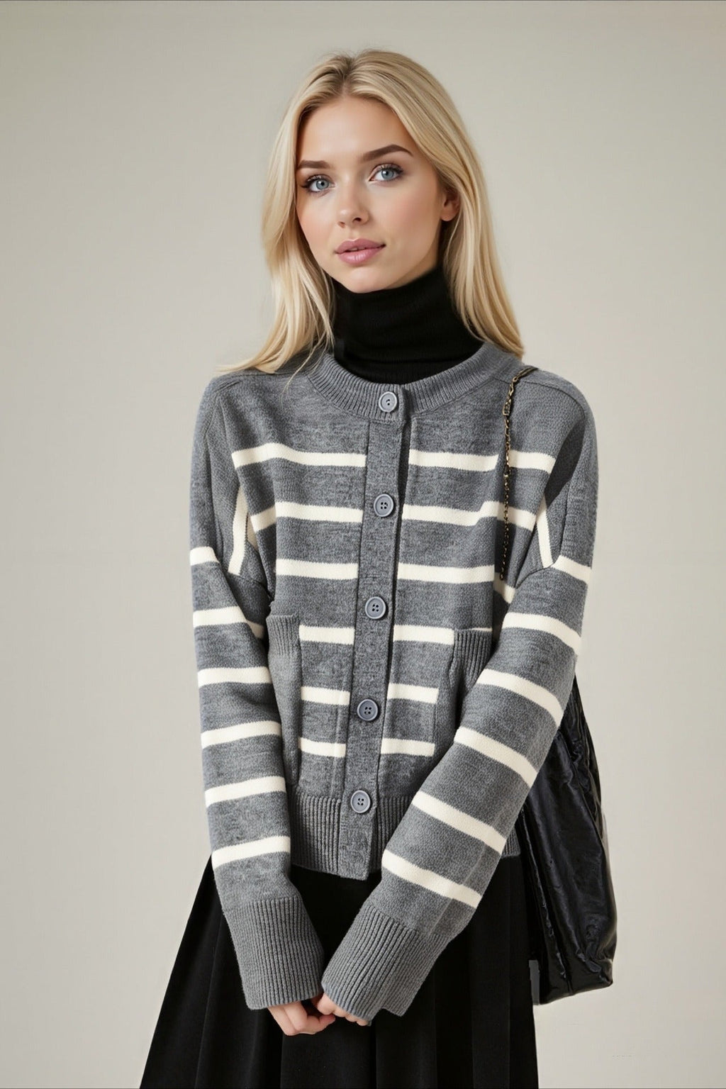 Crew-Neck Striped Pocket Knit Cardigan