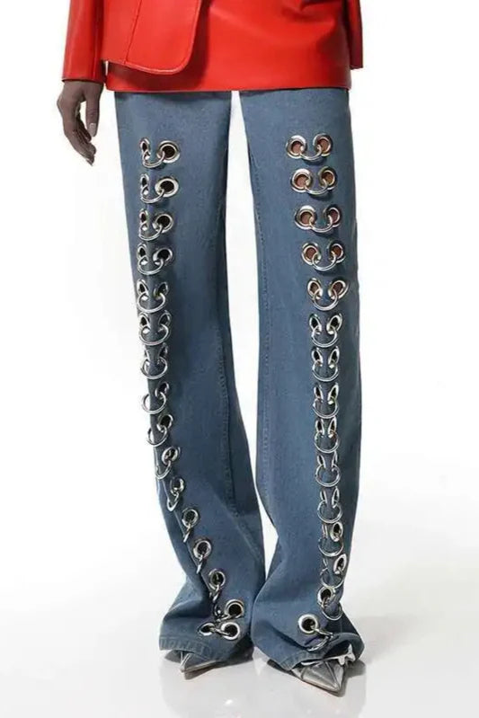 Metal Hole Hollow Out Straight Jean