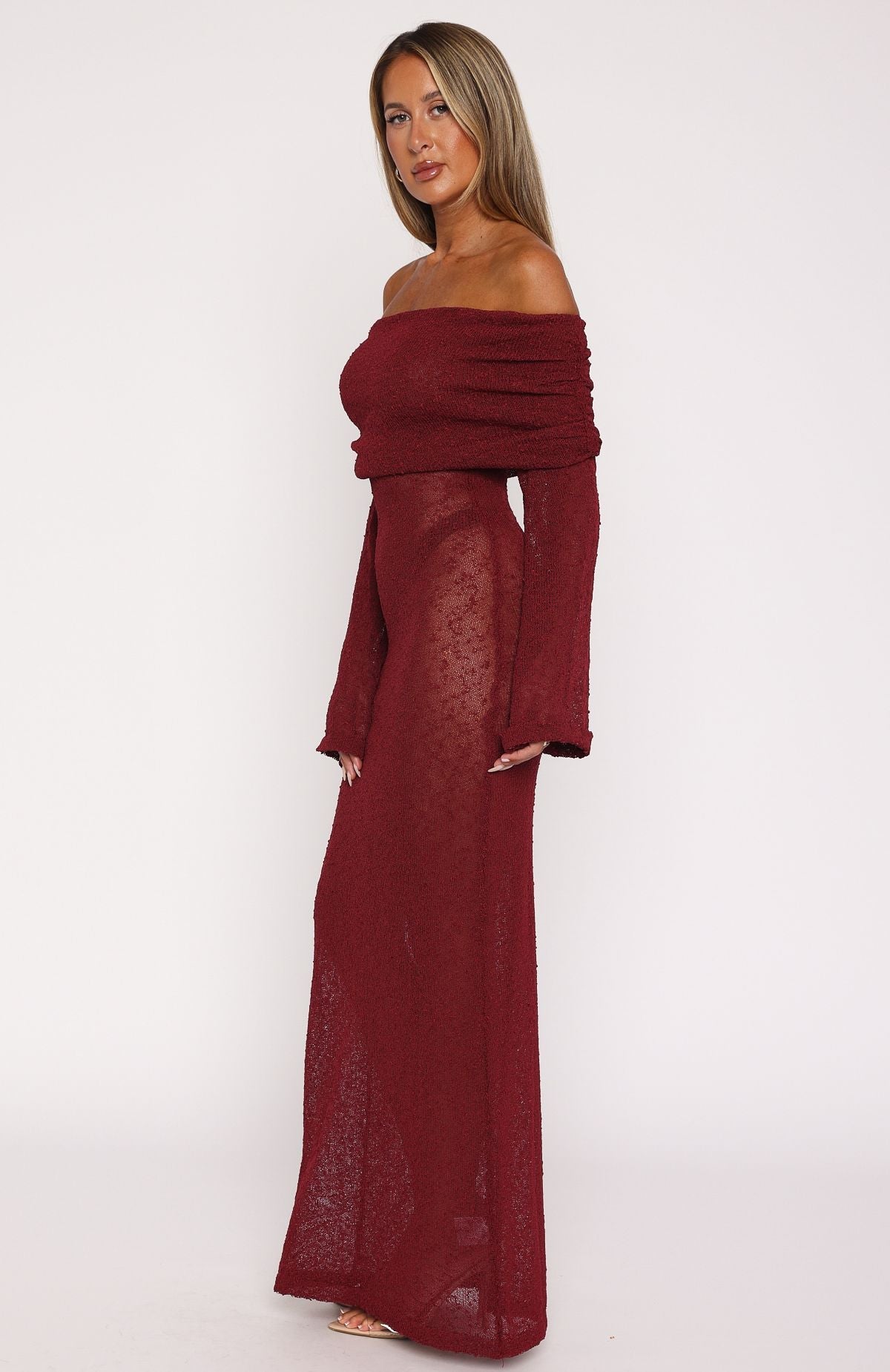 Burgundy Boucle Long Sleeve Maxi Dress