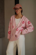 Fluffy Daisy Jacquard V-Neck Cardigan