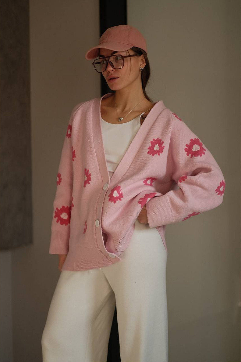 Fluffy Daisy Jacquard V-Neck Cardigan