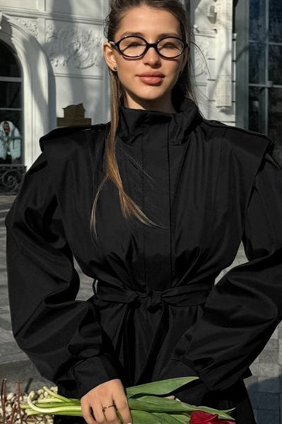 Tie-Waist Collared Long Sleeve Loose Trench Coat