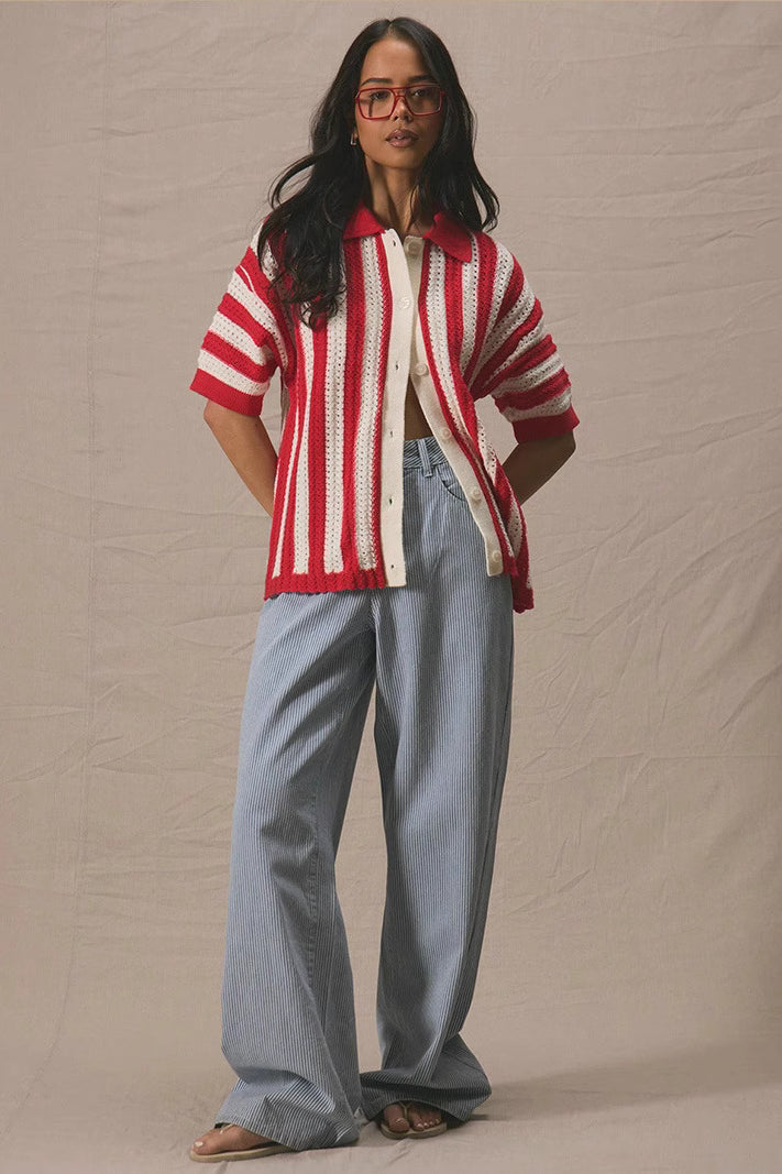 Colorblock Striped Lapel Knit Cardigan