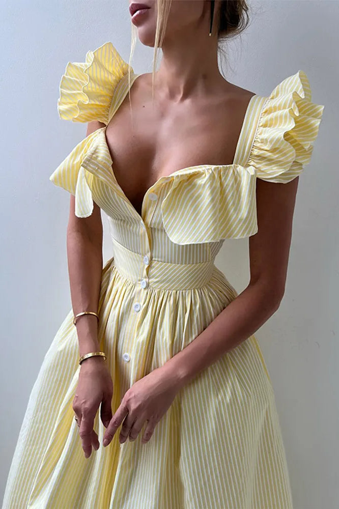 Ruffle Stripe Square Neck Floral Dress
