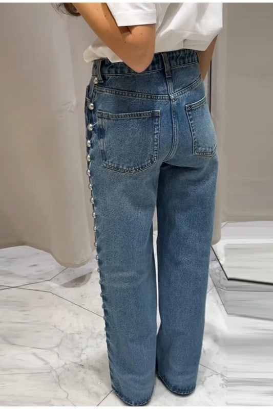 Beaded High Waist Straight Leg Jean