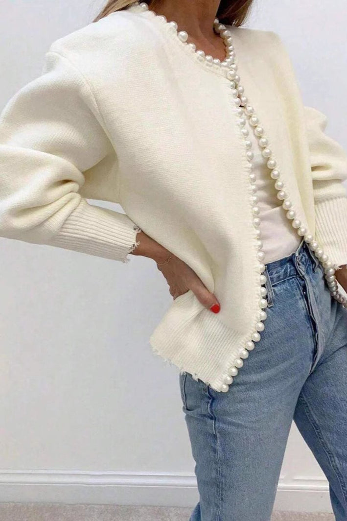 Pearl Crew-Neck Detailed Knit Cardigan
