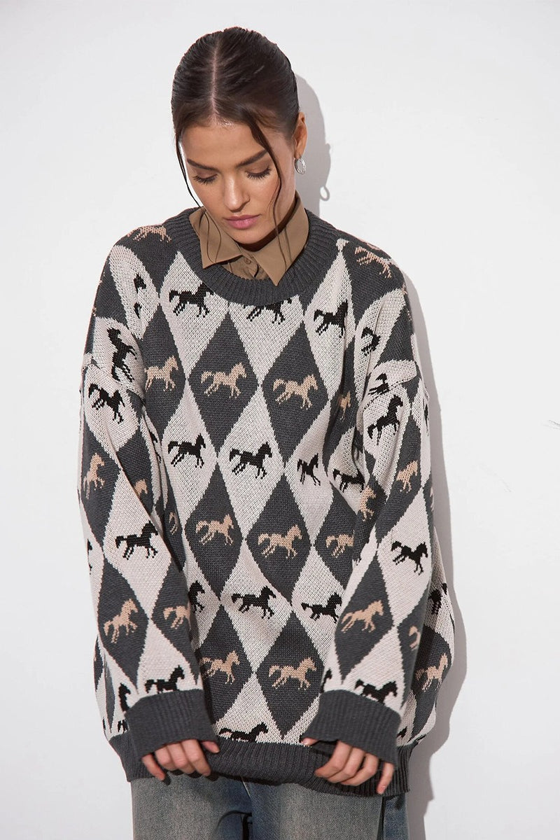 Relaxed Horse Graphic Pullover Sweater