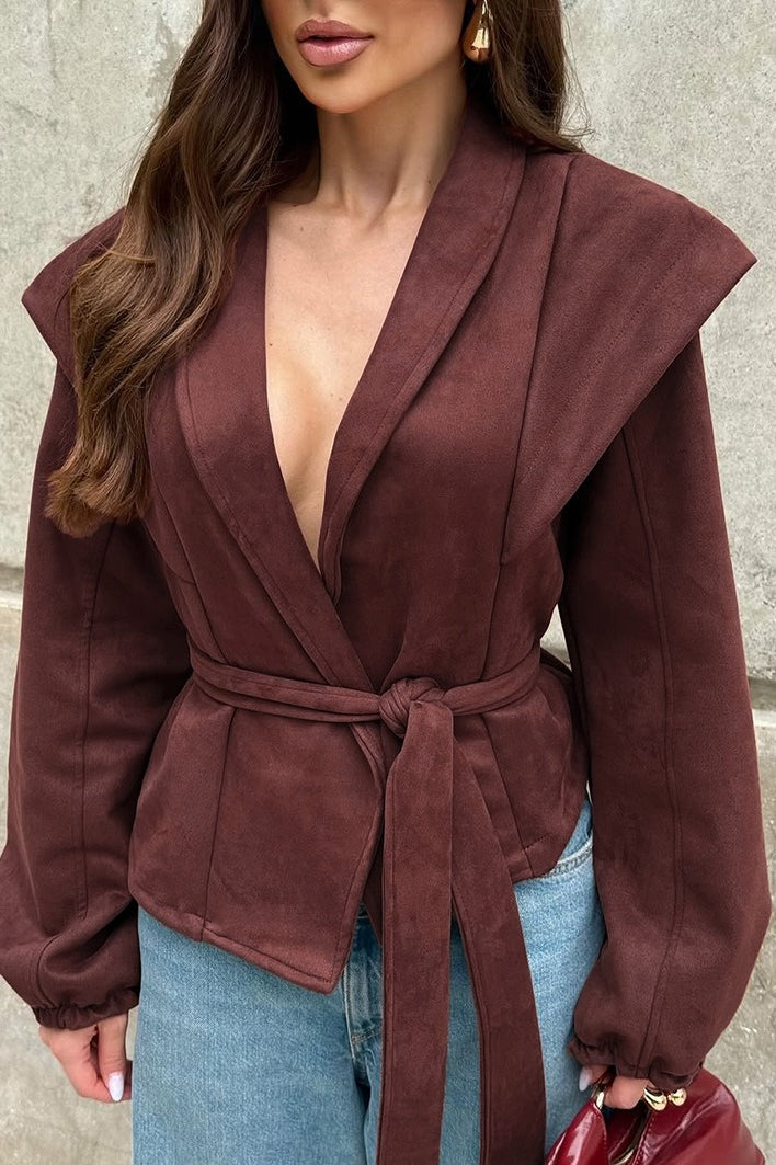 Retro Wine Red Suede Tie-Waist V-Neck Coat