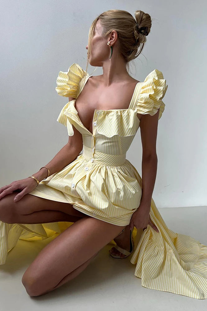 Ruffle Stripe Square Neck Floral Dress
