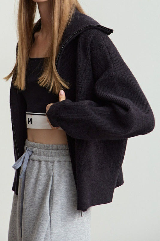 Sailor-Collar Zip Cozy Knit Cardigan