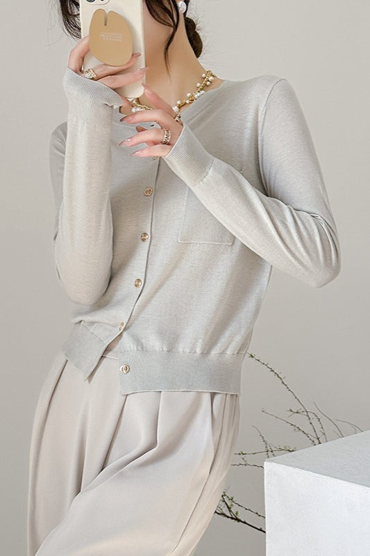 Crew-Neck Button Pocket Knit Cardigan