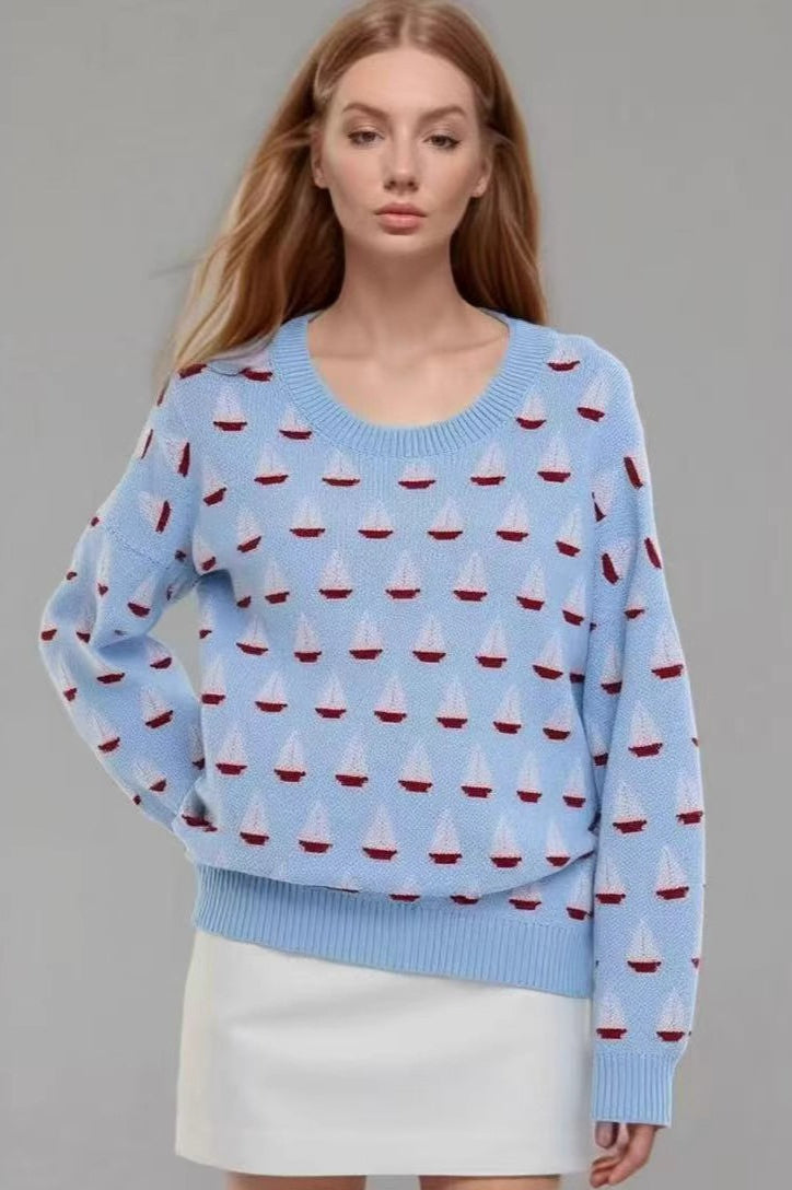 Relaxed Sailboat Pattern Pullover Sweater