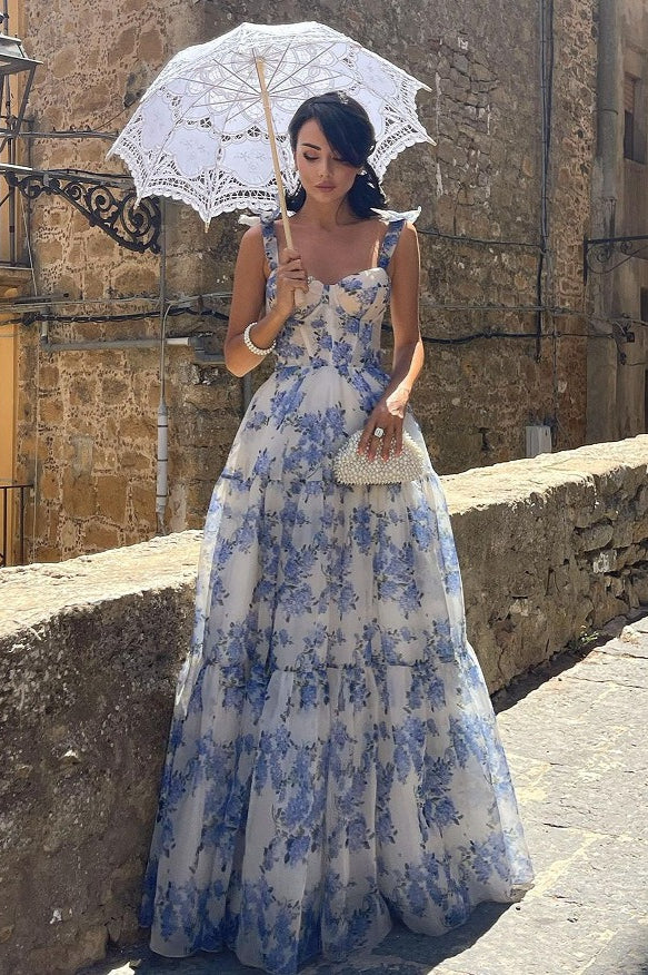 Printed Sleeveless Backless Lace-Up Floral Dress