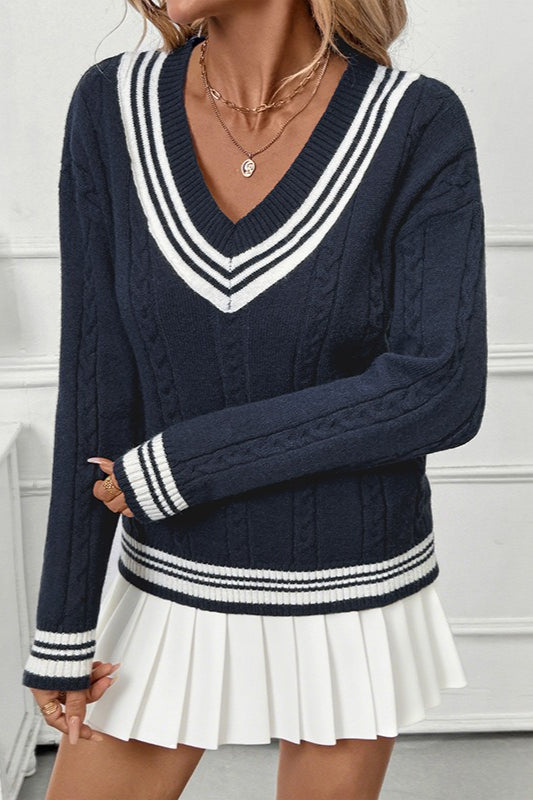 Contrast Cable Knit V Neck Sweater