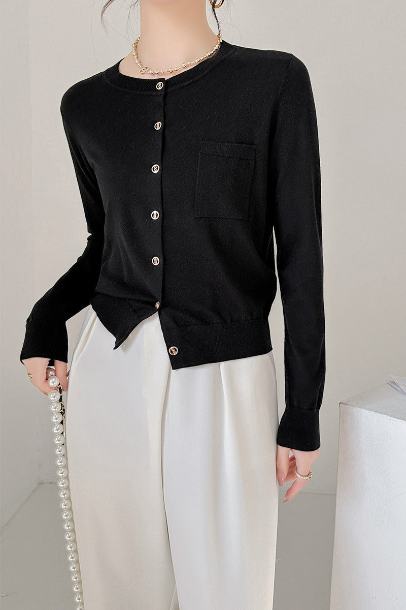 Crew-Neck Button Pocket Knit Cardigan