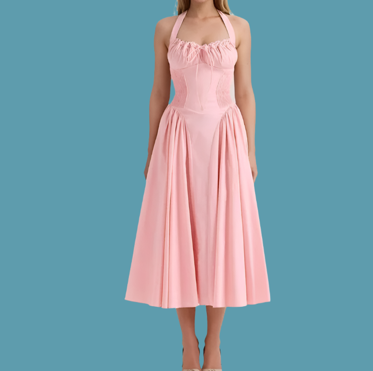Corset Bow Halter Lace Spliced Midi Dress