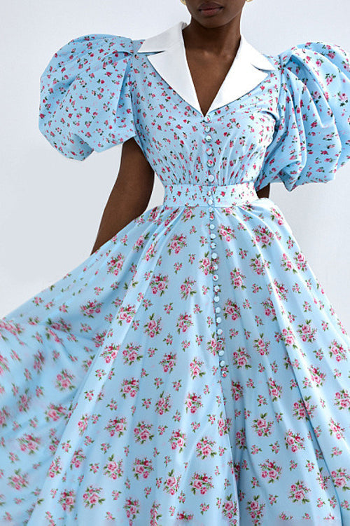 Puff Sleeve Collared High Waist Button A Line Floral Dress