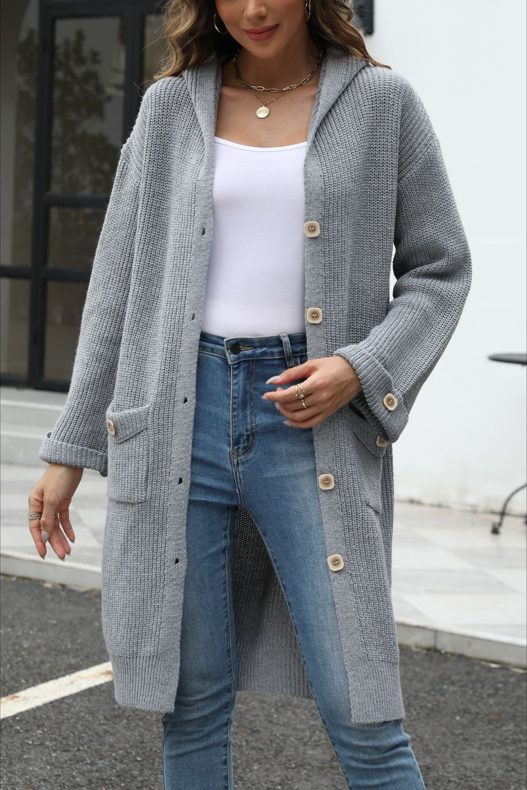 V-Neck Relaxed Plain Knit Cardigan