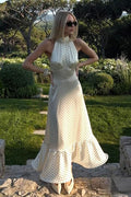 Polka Dot Satin Open Back Maxi Dress