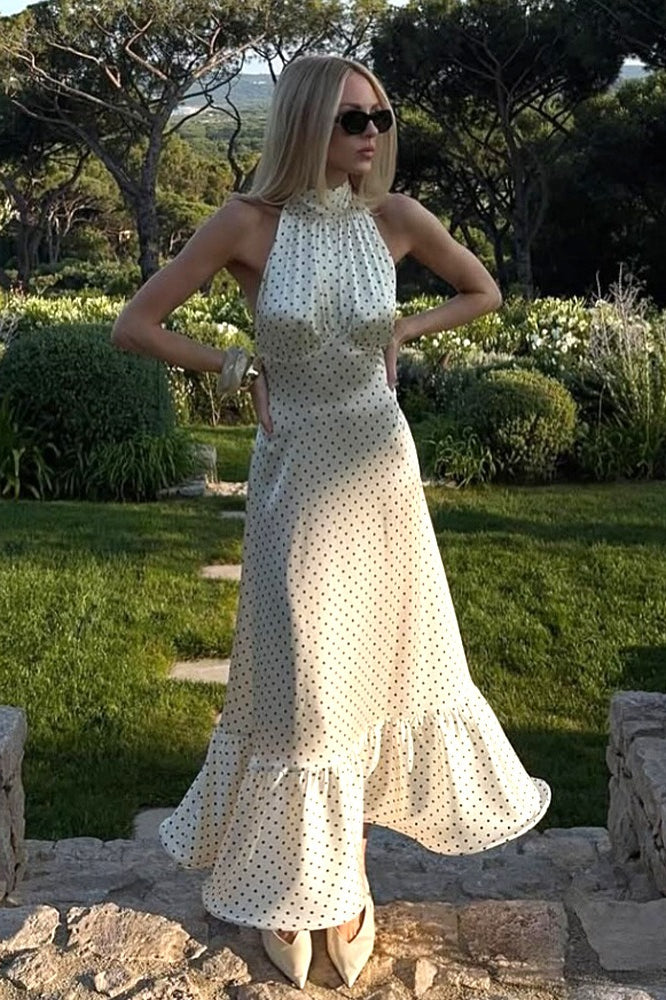Polka Dot Satin Open Back Maxi Dress