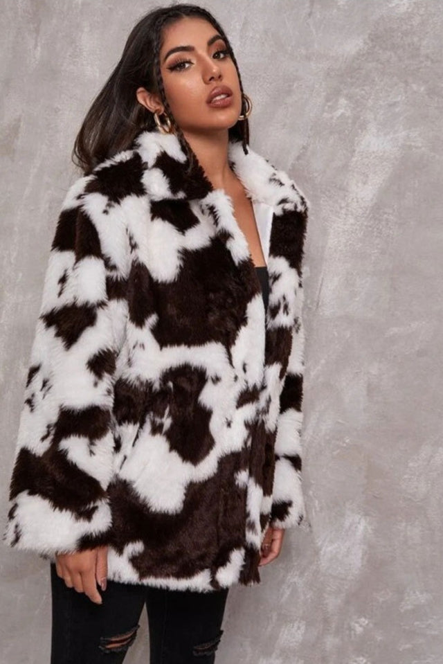 Black & White Faux Fur Cow Print Coat